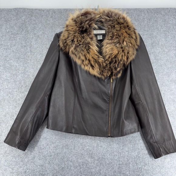 Preston & York Jackets & Blazers - Preston & York Brown Lambskin Leather Jacket Genuine Raccoon Fur Collar Medium